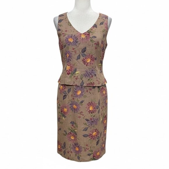 Positive Attitude Linen Floral Beaded Dress Women’s Size 8 Sleeveles Tan Floral - Picture 1 of 11